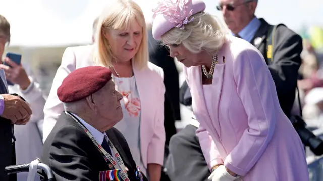 Queen Camilla speaking to a veteran