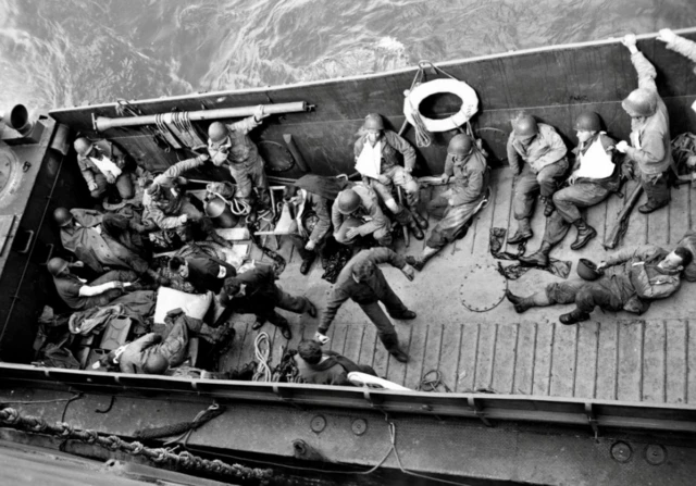 Landing craft with injured US soldiers
