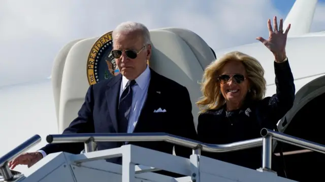 U.S. President Joe Biden and U.S. First Lady Jill Biden disembark Air Force One at Caen Carpiquet Airport, France, June 6, 2024.