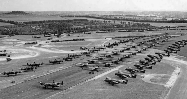Bombers lined up at Tarrant Rushton airfield in 1944