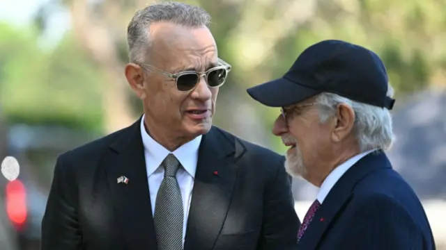 Tom Hanks with director Steven Spielberg in Normandy today