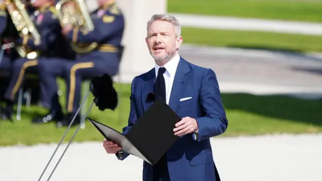 Actor Martin Freeman speaking during the UK national commemorative event for the 80th anniversary of D-Day, held at the British Normandy Memorial in Ver-sur-Mer, Normandy, France.