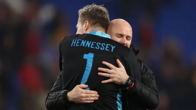 Rob Page and Wayne Hennessey hugging