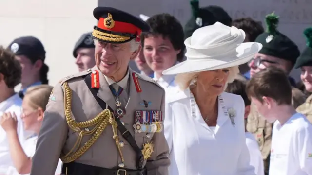 King Charles III and Queen Camilla arrive for the UK national commemorative event for the 80th anniversary of D-Day, held at the British Normandy Memorial in Ver-sur-Mer, Normandy, France.