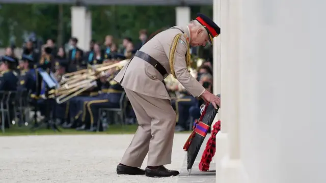 King Charles III lays a wreath during the UK national commemorative event for the 80th anniversary of D-Day, held at the British Normandy Memorial in Ver-sur-Mer, Normandy, France.