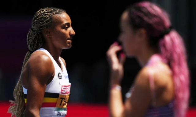 Belgium's Nafissatou Thiam and Britain's Katarina Johnson-Thompson during the high jump