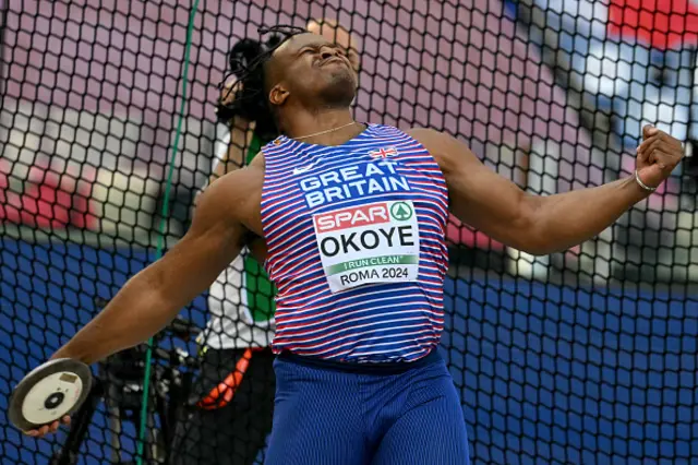 Lawrence Okoye competes in the men's discus throw