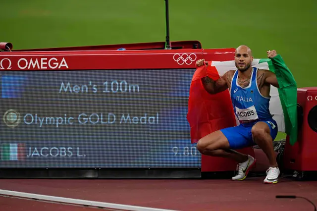 Lamont Marcell Jacobs winning gold at 100 meter at the Tokyo Olympics