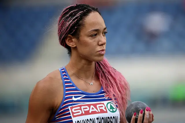 Katarina Johnson-Thompson competes in the women's heptathlon shot put