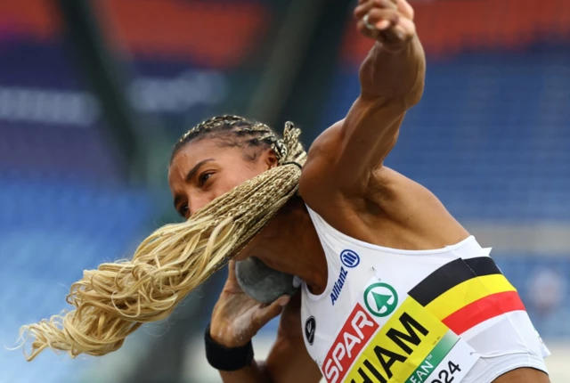 Belgium's Nafissatou Thiam in action during the shot putt in the women's heptathlon