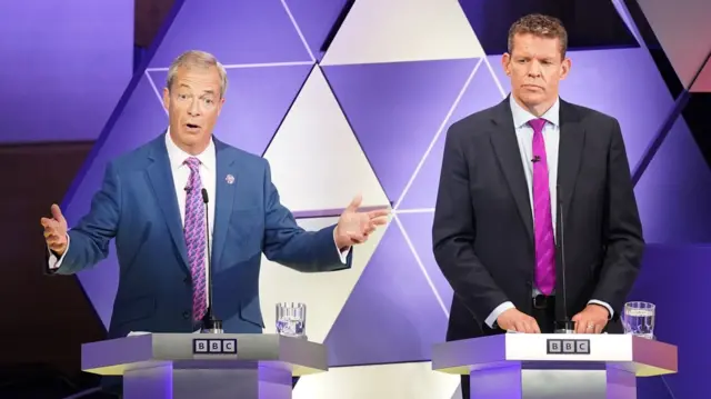 Reform UK leader Nigel Farage (left) and leader of Plaid Cymru Rhun ap Iorwerth take part in the BBC Election Debate