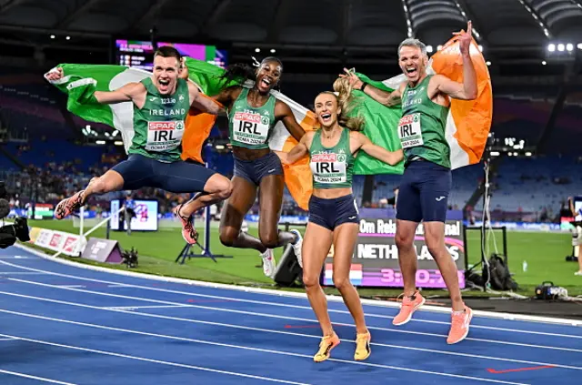 Ireland 4x400m relay team, from left, Chris O'Donnell, Rhasidat Adeleke, Sharlene Mawdsley and Thomas Barr celebrate