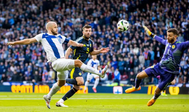 Teemu Pukki shoots over for Finland