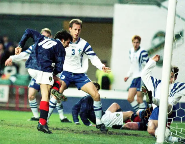 Darren Jackson prods in a first-half equaliser against Finland