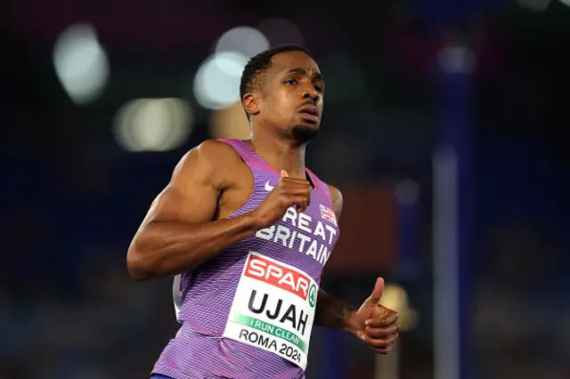 Chijindu Ujah of Team Great Britain reacts