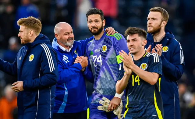 Steve Clarke with Craig Gordon at full-time