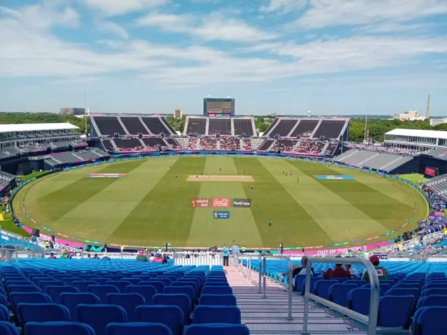 A general view of the Nassau County International Cricket Stadium, New York from the top of the stand