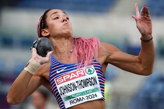 Katarina Johnson-thompson competes in the women's heptathlon shot put