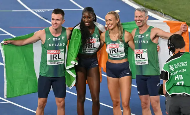 Team Ireland celebrates winning the mixed 4 x 400m relay final