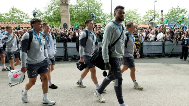 Courtney Lawes and Northampton players arrive at Twickenham