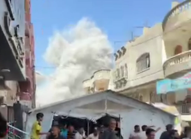 Footage of a strike near al-Awda hospital in Nuseirat