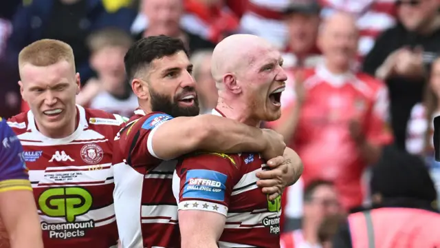 Liam Farrel celebrates for Wigan