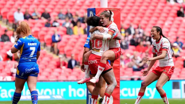 St Helens celebrate Chantelle Crowl's try