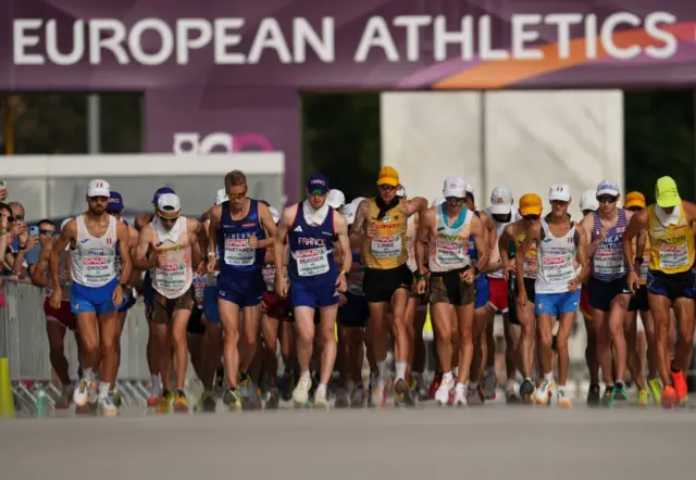 Athletes at the start of the 20km race walk in the 2024 European Championships