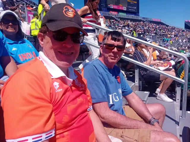 Two fans called Ronnie and Andy at the Men's T20 World Cup game between South Africa and the Netherlands in New York