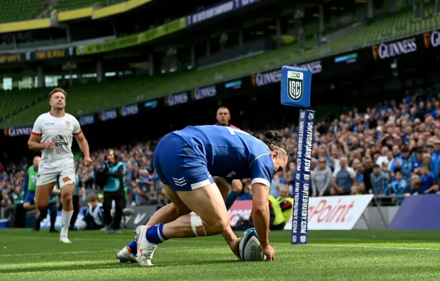 James Lowe goes in for his second try against Ulster on Saturday