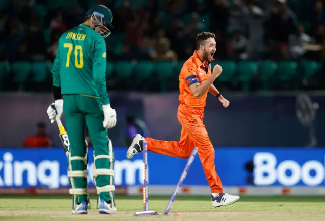 Netherlands bowler Paul van Meekeren celebrates bowling South Africa's Marco Jansen