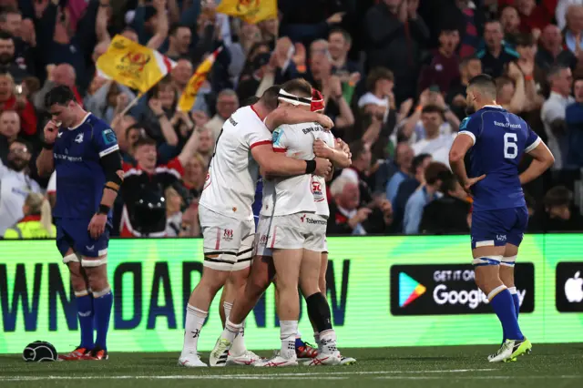 Ulster players celebrate after beating Leinster at Kingspan Stadium last month