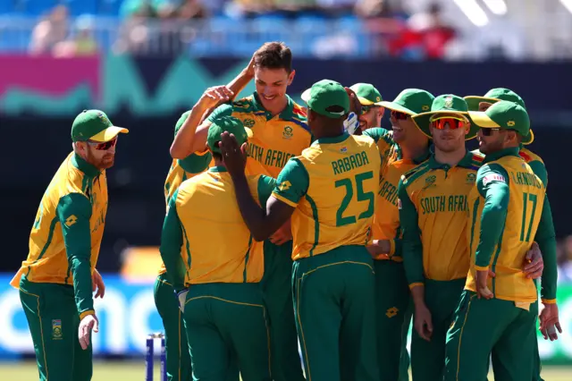 Marco Jansen and South Africa celebrate an early wicket against the Netherlands