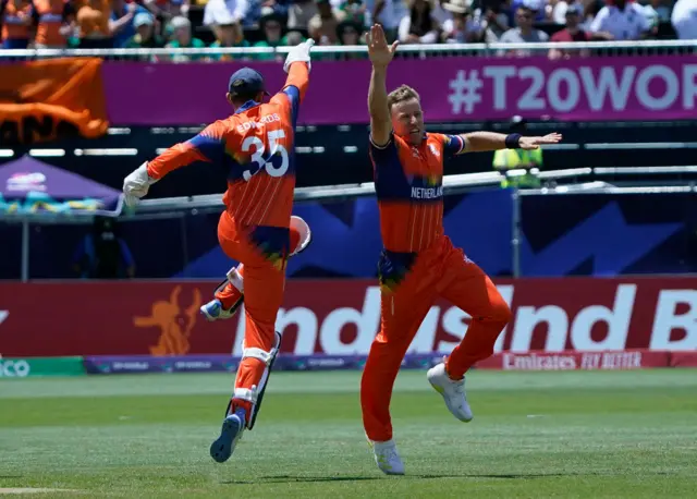 Logan van Beek celebrates the wicket of Reeza Hendricks