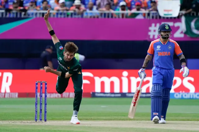 Shaheen Afridi bowls to Rohit Sharma