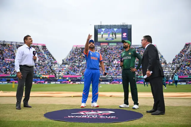 Rohit Sharma and Babar Azam at the toss for India and Pakistan in the men's T20 World Cup in New York