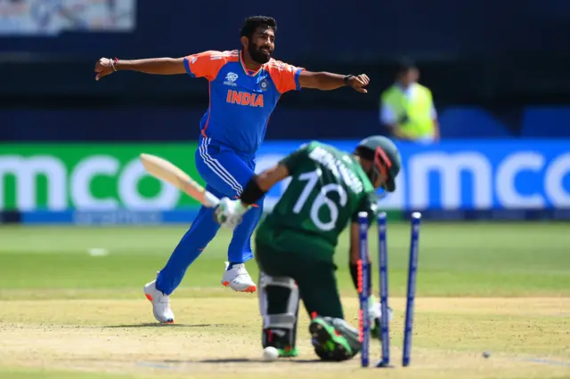 Jasprit Bumrah celebrates after bowling Muhammad Rizwan