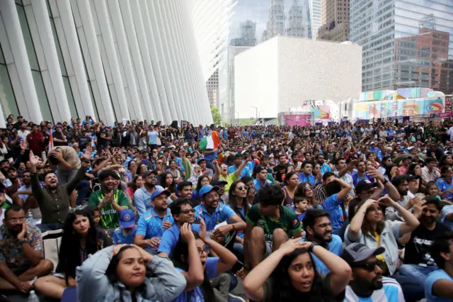 Fans watch India-Pakistan at the Oculus in Lower Manhattan