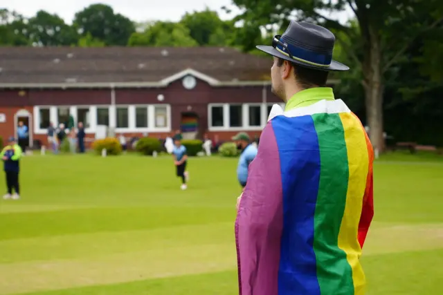 An umpire at a LGBTQ+ cricket tournament in Sutton Coldfield CC