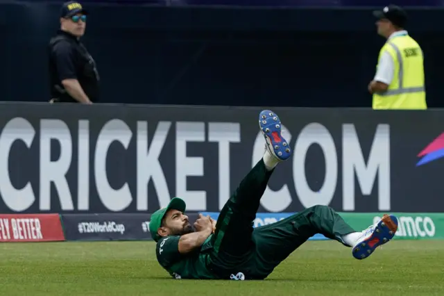 Haris Rauf takes a catch to dismiss Rohit Sharma