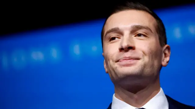 Jordan Bardella, President of the French far-right National Rally (Rassemblement National - RN) party and head of the RN list for the European elections, addresses party members after the polls closed during the European Parliament elections, in Paris, France, on 9 June 2024