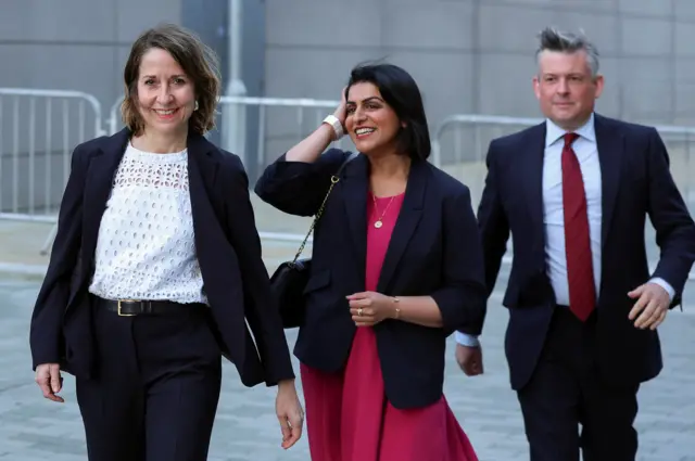 British Shadow Secretary of State for Work and Pensions Liz Kendall, Shadow Secretary of State for Justice Shabana Mahmood and Shadow Paymaster General Jonathan Ashworth arrive for the first pre-election leaders debate