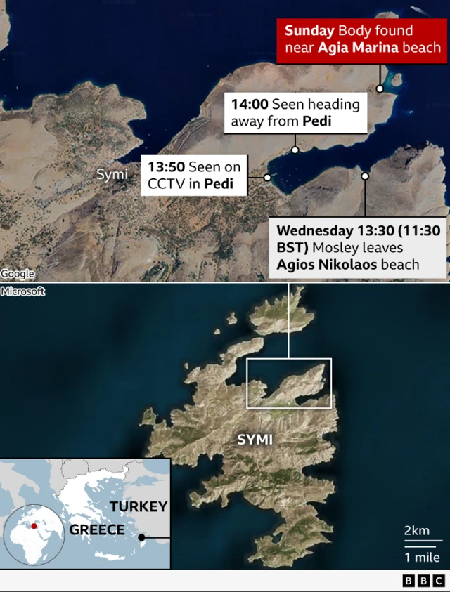 Map of Symi showing points  where Dr Mosley was last seen