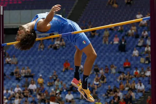 Defending European champion Gianmarco Tamberi clears the high jump