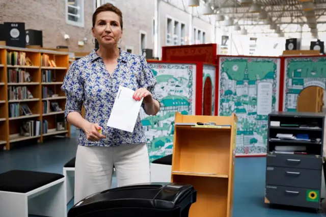 Denmark's Prime Minister Mette Frederiksen gives her advanced vote for the European Parliament elections at the main library in Aalborg, Jutland, Denmark, on 1 June 2024