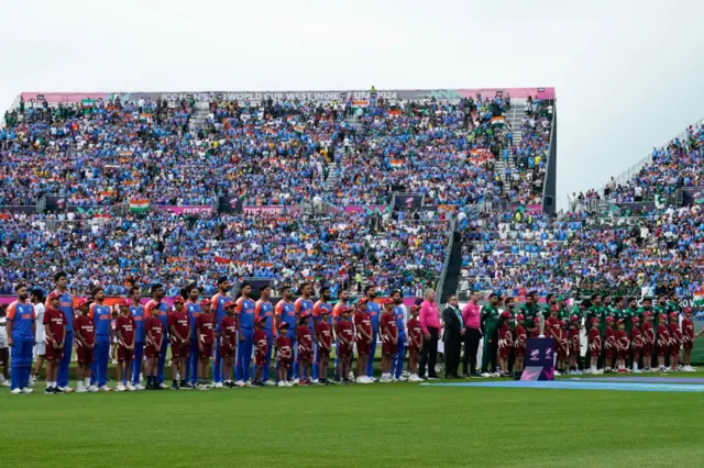 India and Pakistan line up for the national anthems at the Men's T20 World Cup