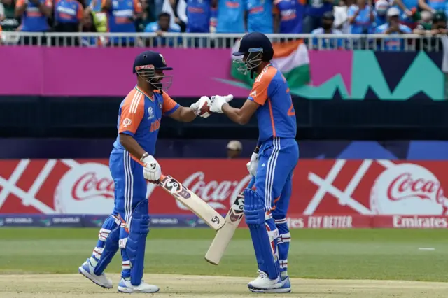 India's Rishabh Pant and India's Axar Patel celebrate during the ICC men's Twenty20 World Cup 2024 group A cricket match between India and Pakistan at Nassau County International Cricket Stadium in East Meadow, New York