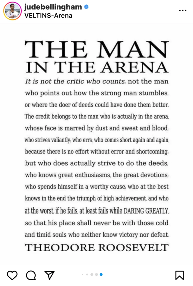 Theodore Roosevelt speech posted on Jude Bellingham's Instagram