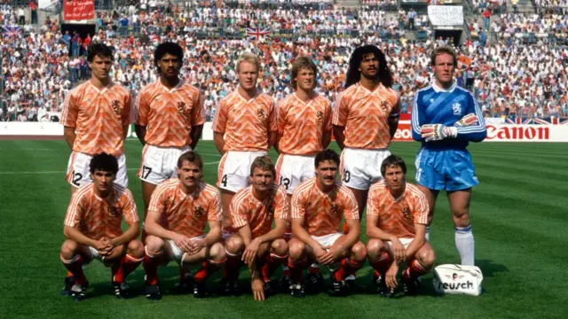 UEFA Euro 1988 Final - England v Netherlands - Netherlands team group back: Marco van Basten, Frank Rijkaard, Ronald Koeman, Erwin Koeman, Ruud Gullit, Hans van Breukelen - Front: Gerald Vanenburg,Jan Wouters, Adri van Tiggelen,Berry van Aerle, Arnold Muhren -