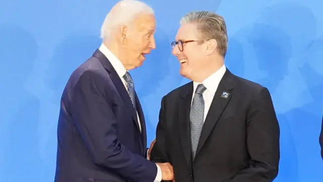 Prime Minister Sir Keir Starmer is greeted by US President Joe Biden and Nato Secretary General Jens Stoltenberg as he arrives at the Nato 75th anniversary summit